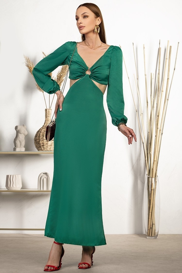 Zielona sukienka IVET z tkaniny z długim rękawem z dekoltem w kształcie litery v