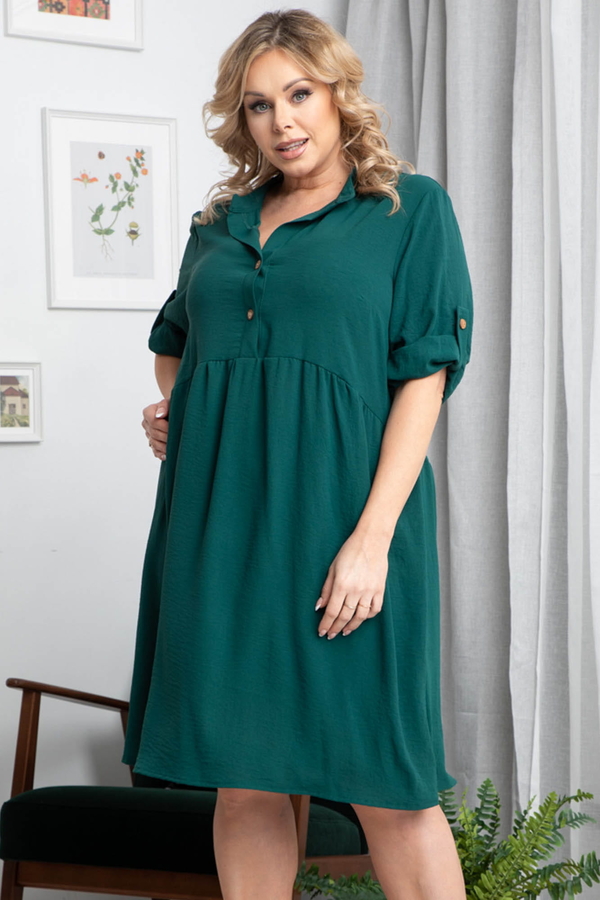 Zielona sukienka KARKO mini dla puszystych z długim rękawem