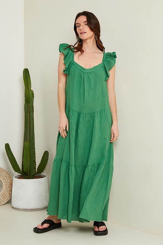Zielona sukienka Le Monde Du Lin maxi w stylu casual z dekoltem w kształcie litery v