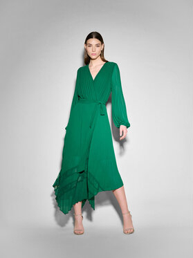 Zielona sukienka MODIVO z długim rękawem z dekoltem w kształcie litery v asymetryczna