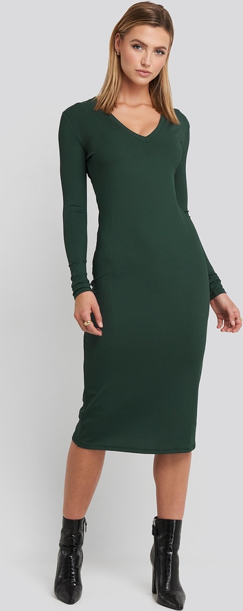 Zielona sukienka NA-KD midi z dekoltem w kształcie litery v ołówkowa