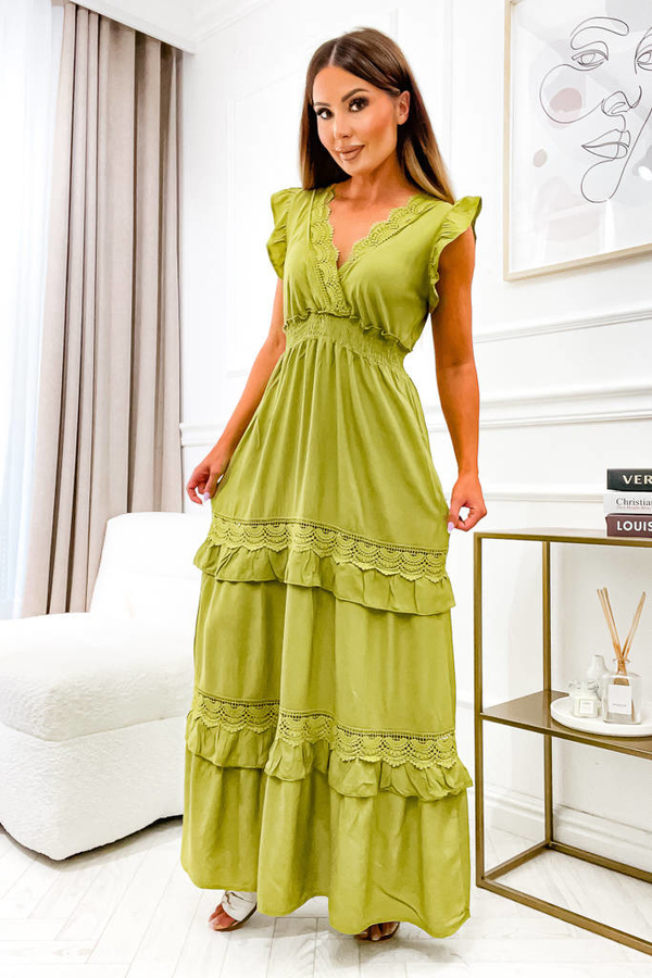 Zielona sukienka Olika z krótkim rękawem maxi z dekoltem w kształcie litery v