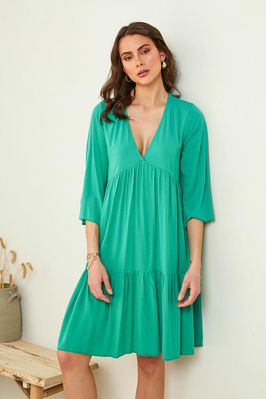 Zielona sukienka Pure Cotton z dekoltem w kształcie litery v mini z długim rękawem