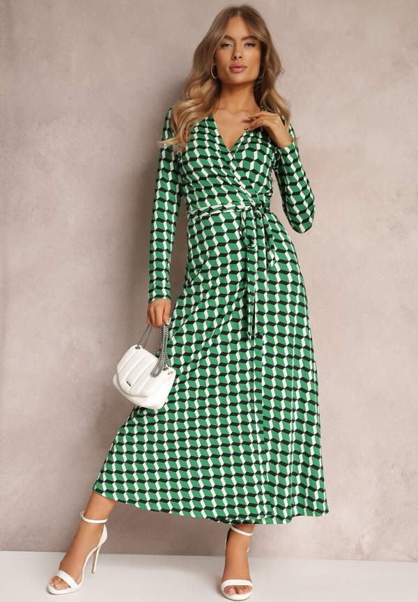 Zielona sukienka Renee w stylu casual w geometryczne wzory z długim rękawem