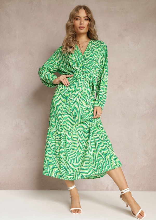 Zielona sukienka Renee z dekoltem w kształcie litery v midi z długim rękawem