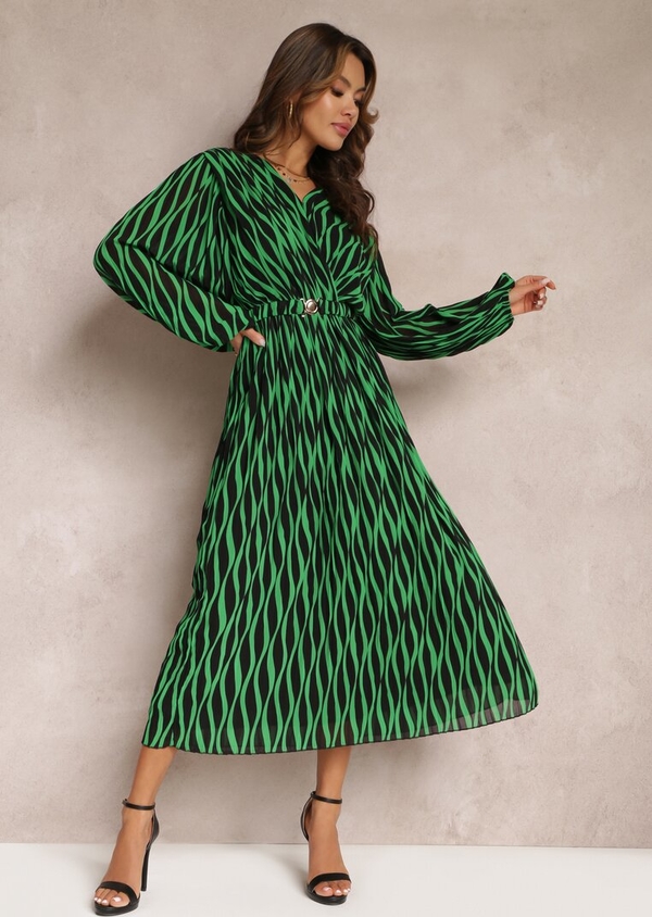 Zielona sukienka Renee z długim rękawem z dekoltem w kształcie litery v maxi