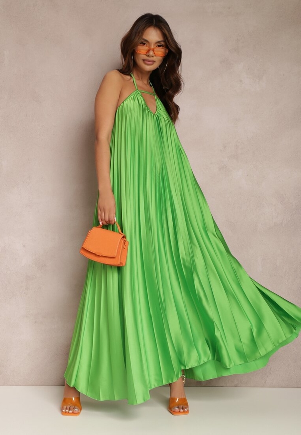 Zielona sukienka Renee z satyny maxi z dekoltem w kształcie litery v