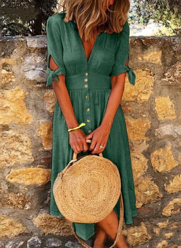 Zielona sukienka Sandbella z dekoltem w kształcie litery v midi w stylu boho