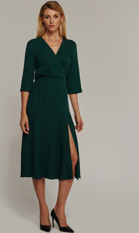 Zielona sukienka Seriously midi z długim rękawem z dekoltem w kształcie litery v