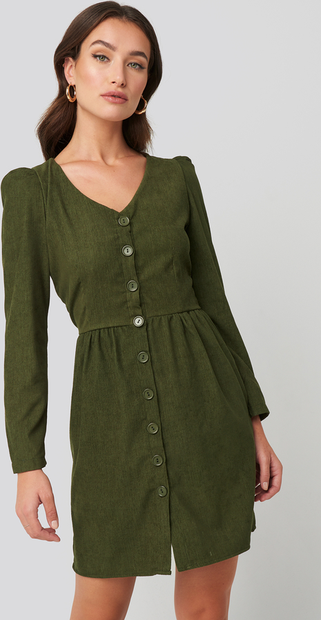 Zielona sukienka Trendyol z długim rękawem szmizjerka z dekoltem w kształcie litery v