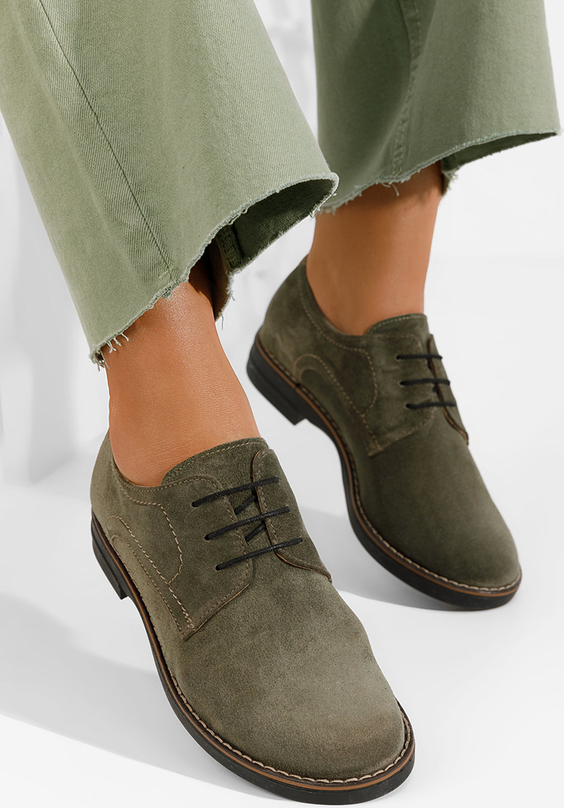 Zielone półbuty Zapatos sznurowane ze skóry w stylu casual