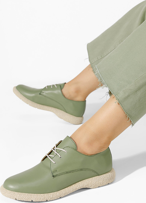 Zielone półbuty Zapatos z płaską podeszwą sznurowane ze skóry