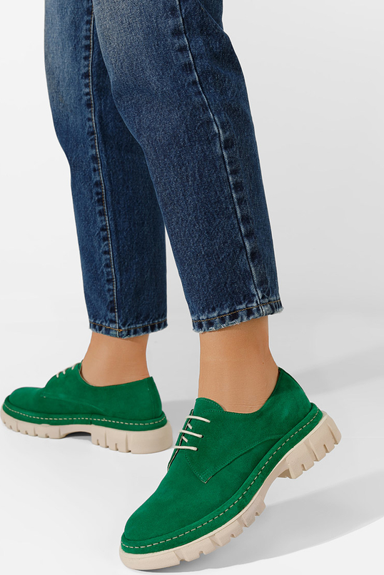 Zielone półbuty Zapatos ze skóry sznurowane z płaską podeszwą