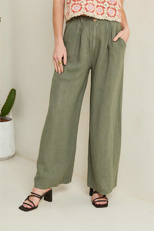 Zielone spodnie Le Monde Du Lin w stylu retro z lnu