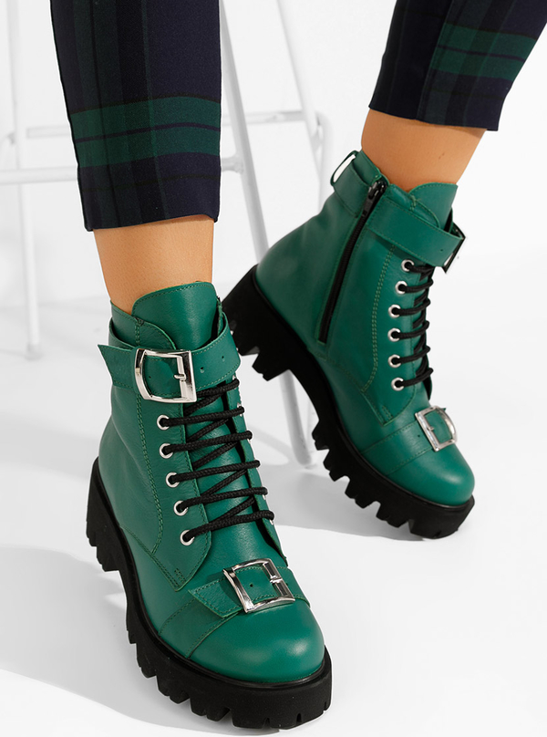 Zielone trapery damskie Zapatos z płaską podeszwą sznurowane