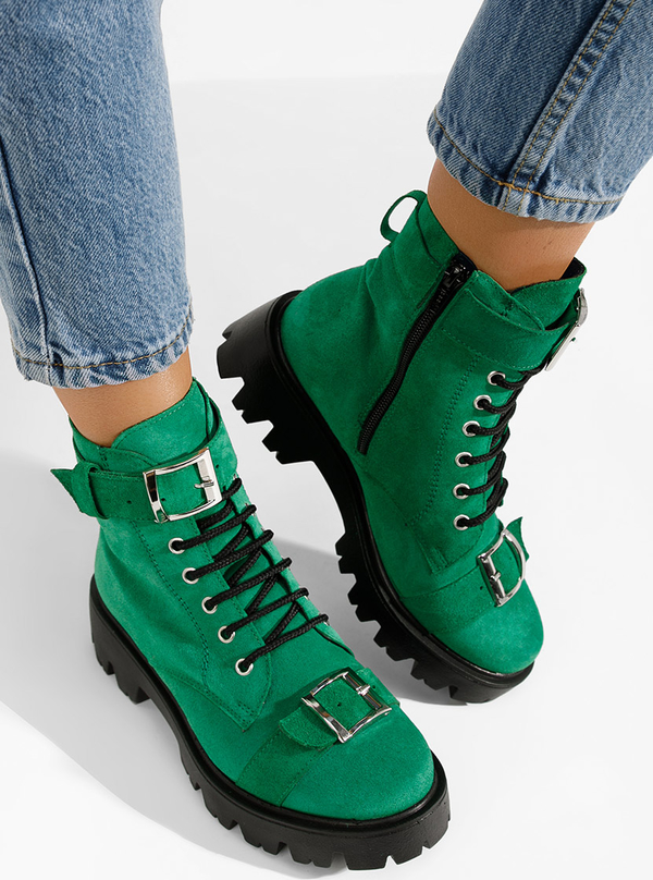 Zielone trapery damskie Zapatos z płaską podeszwą sznurowane ze skóry
