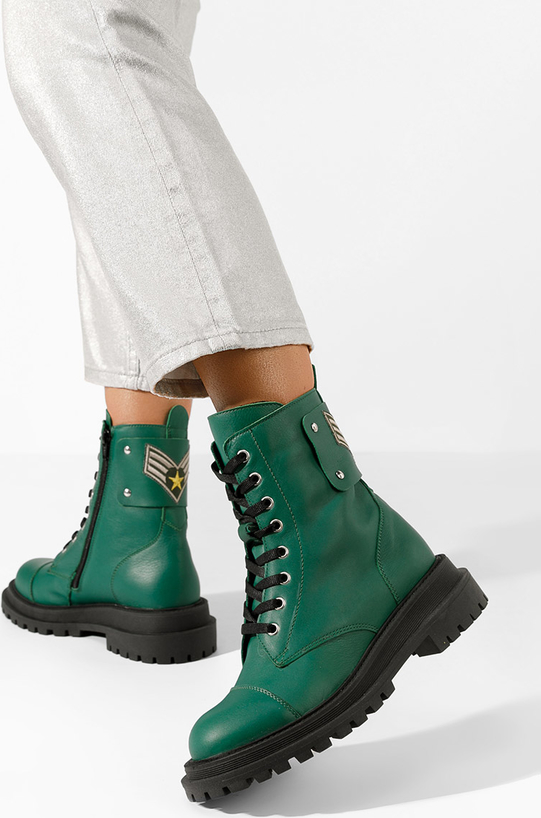 Zielone trapery damskie Zapatos ze skóry z płaską podeszwą