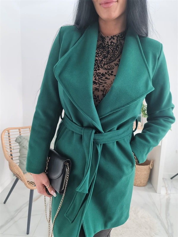 Zielony płaszcz Moda Italia taliowana flausz w stylu casual
