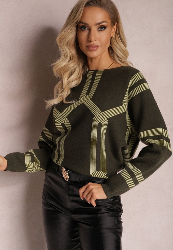 Zielony sweter Renee w geometryczne wzory w stylu casual
