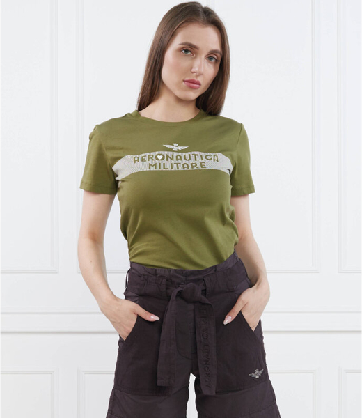 Zielony t-shirt Aeronautica Militare z bawełny z okrągłym dekoltem