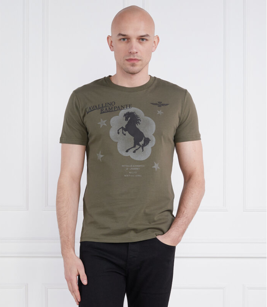Zielony t-shirt Aeronautica Militare z nadrukiem z bawełny z krótkim rękawem