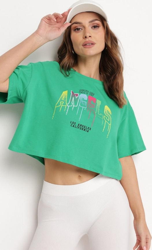 Zielony t-shirt born2be z okrągłym dekoltem w młodzieżowym stylu z krótkim rękawem