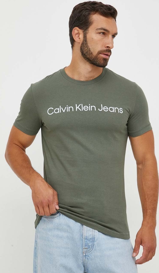 Zielony t-shirt Calvin Klein z dzianiny z nadrukiem w młodzieżowym stylu