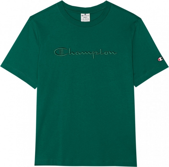 Zielony t-shirt Champion z okrągłym dekoltem z bawełny z krótkim rękawem