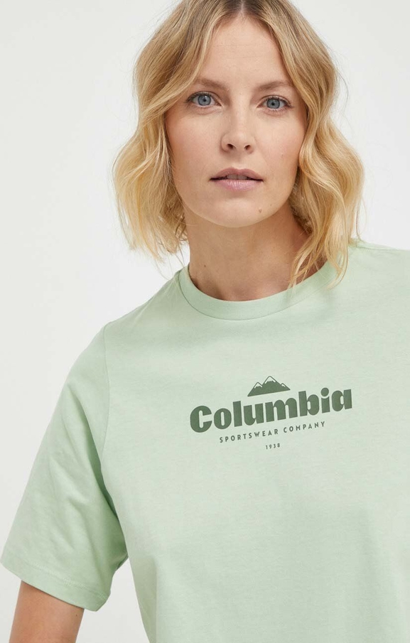 Zielony t-shirt Columbia z bawełny z okrągłym dekoltem z krótkim rękawem