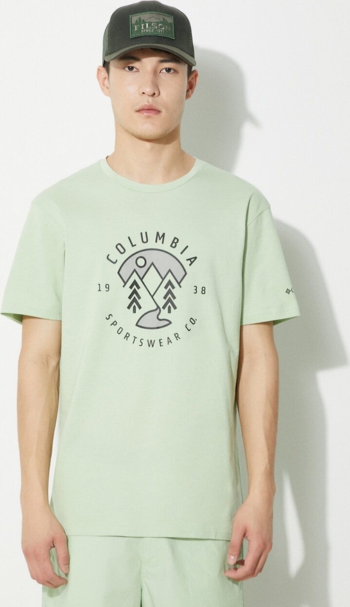 Zielony t-shirt Columbia z nadrukiem z krótkim rękawem w młodzieżowym stylu