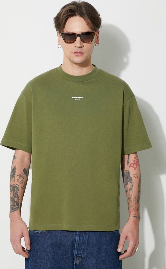 Zielony t-shirt Drôle De Monsieur z bawełny z nadrukiem w stylu casual