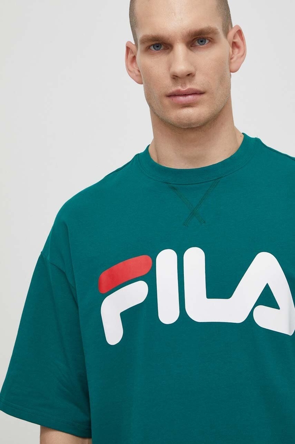 Zielony t-shirt Fila z krótkim rękawem w sportowym stylu z nadrukiem
