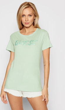 Zielony t-shirt Guess w młodzieżowym stylu z bawełny z okrągłym dekoltem