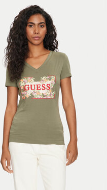 Zielony t-shirt Guess w młodzieżowym stylu z krótkim rękawem z okrągłym dekoltem