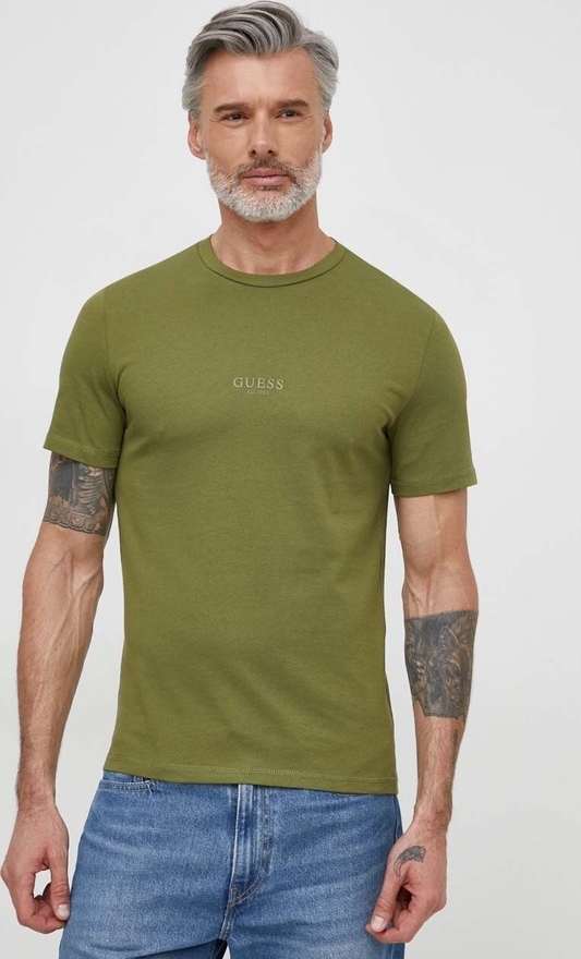Zielony t-shirt Guess w stylu casual z bawełny z krótkim rękawem