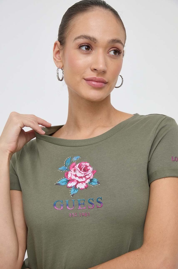 Zielony t-shirt Guess z okrągłym dekoltem w młodzieżowym stylu