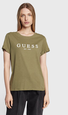 Zielony t-shirt Guess z okrągłym dekoltem w młodzieżowym stylu z krótkim rękawem