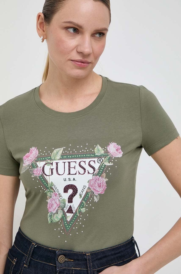 Zielony t-shirt Guess z okrągłym dekoltem w młodzieżowym stylu z nadrukiem