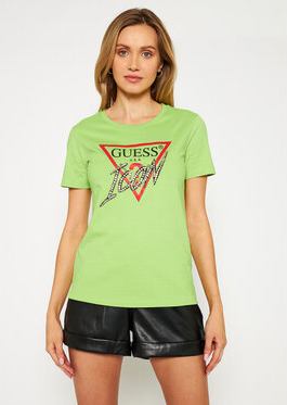 Zielony t-shirt Guess z okrągłym dekoltem z krótkim rękawem