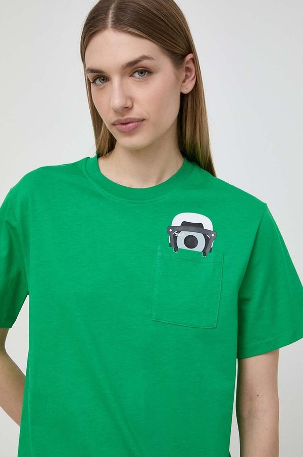 Zielony t-shirt Karl Lagerfeld w stylu casual z krótkim rękawem z bawełny