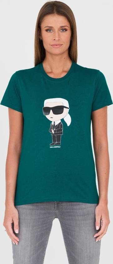 Zielony t-shirt Karl Lagerfeld z nadrukiem z krótkim rękawem z okrągłym dekoltem
