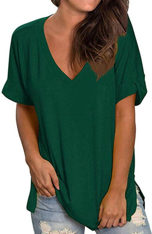 Zielony t-shirt Kendallme z krótkim rękawem z dekoltem w kształcie litery v w stylu casual