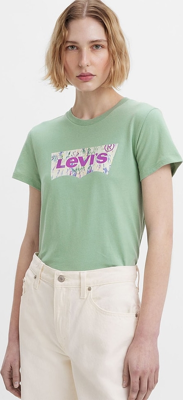 Zielony t-shirt Levis w młodzieżowym stylu z krótkim rękawem z okrągłym dekoltem