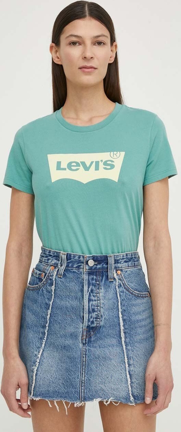 Zielony t-shirt Levis z krótkim rękawem w młodzieżowym stylu z bawełny