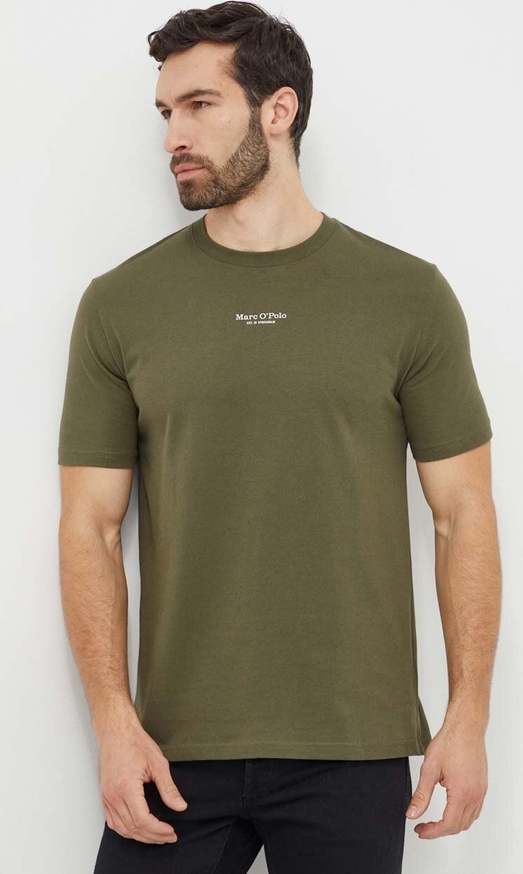 Zielony t-shirt Marc O'Polo z krótkim rękawem z bawełny z nadrukiem