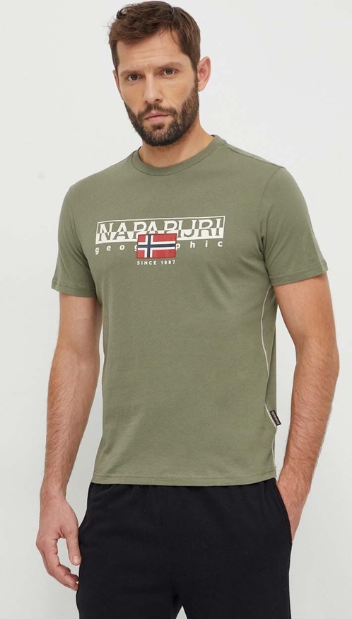 Zielony t-shirt Napapijri z nadrukiem w sportowym stylu z bawełny