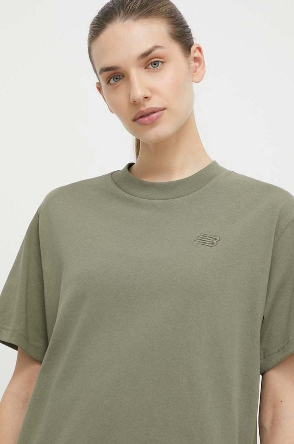 Zielony t-shirt New Balance z krótkim rękawem z bawełny w stylu casual