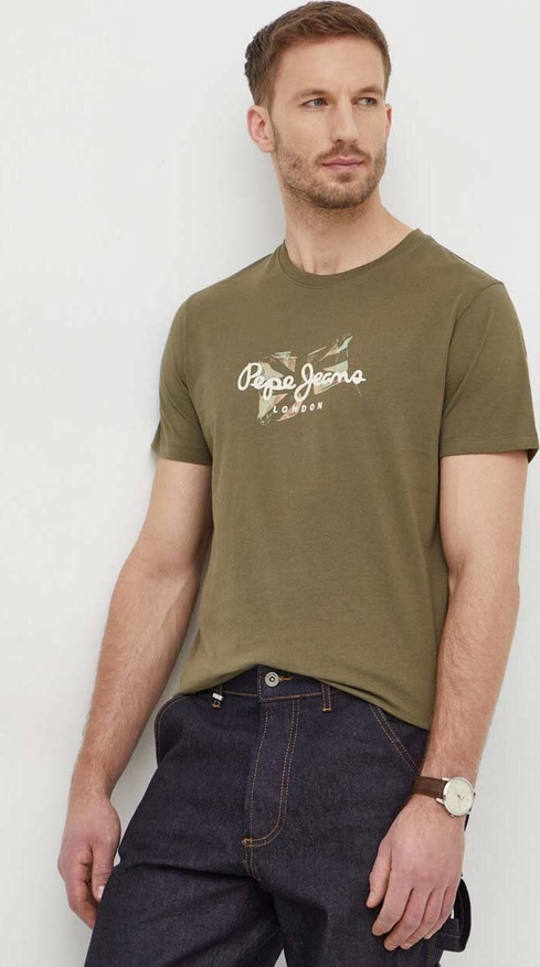 Zielony t-shirt Pepe Jeans w młodzieżowym stylu z krótkim rękawem z bawełny