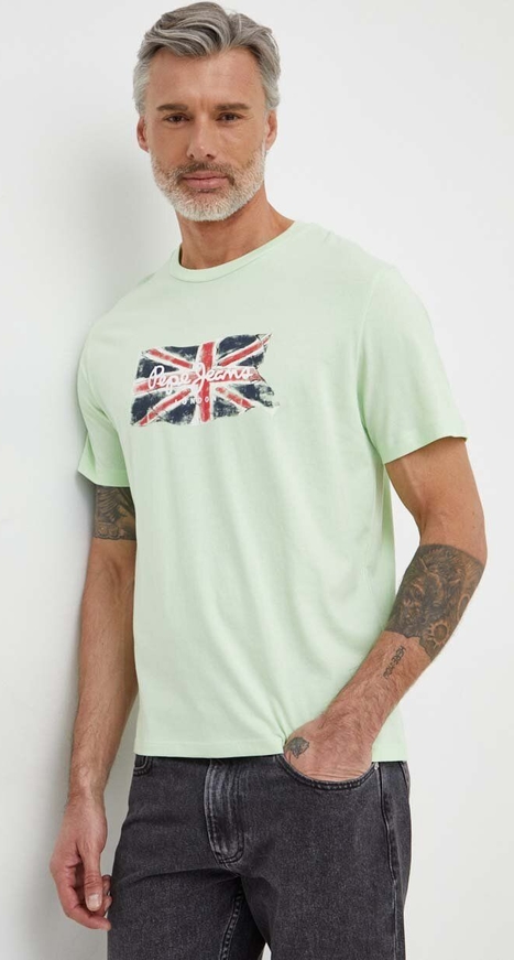 Zielony t-shirt Pepe Jeans z bawełny z krótkim rękawem z nadrukiem