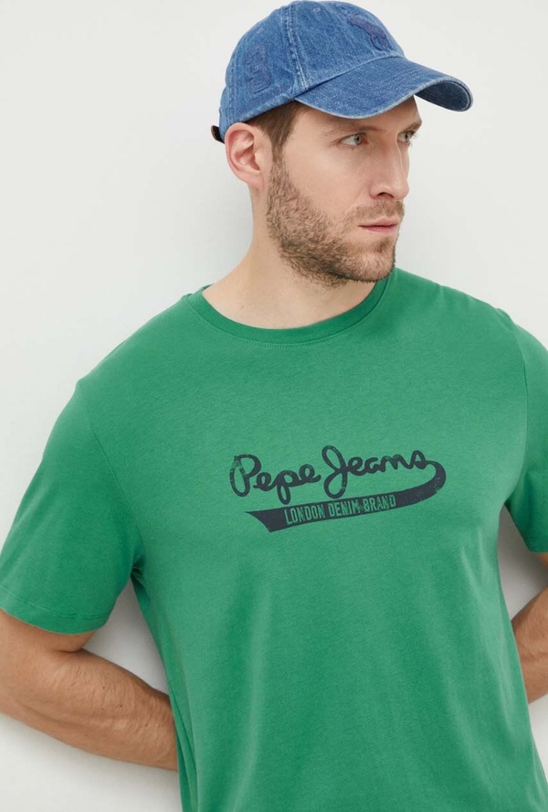 Zielony t-shirt Pepe Jeans z bawełny z nadrukiem